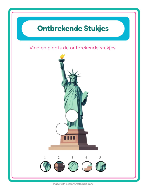 Voorbeeld van het Ontbrekende Stukken-werkblad met 4 juli voor kleuterklas