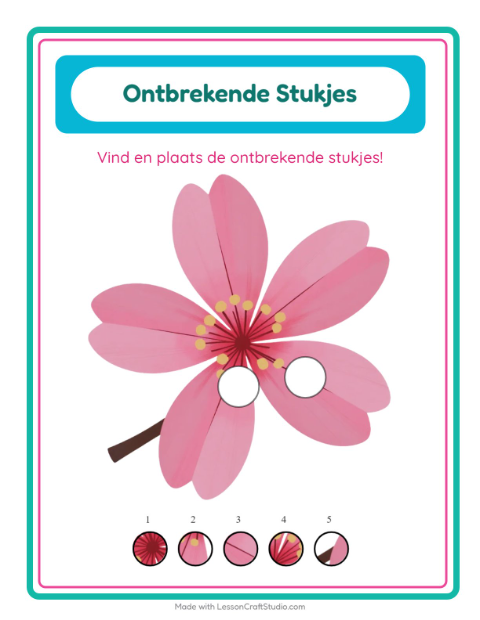 Voorbeeld van het Ontbrekende Stukken-werkblad met Bloemen voor kleuterklas