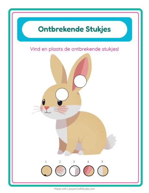 Voorbeeld van Zoek de ontbrekende stukken bij dieren – werkblad voor kleuters
