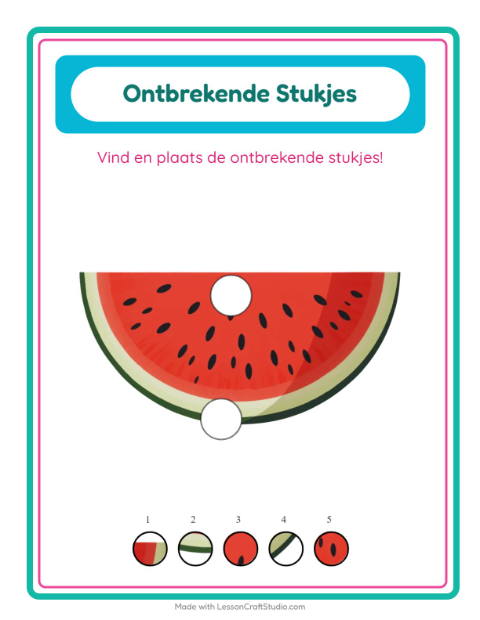 Voorbeeld van het Ontbrekende Stukken-werkblad met Fruit voor kleuterklas