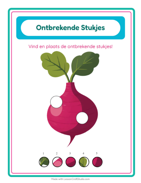 Voorbeeld van het Ontbrekende Stukken-werkblad met Groenten voor kleuterklas