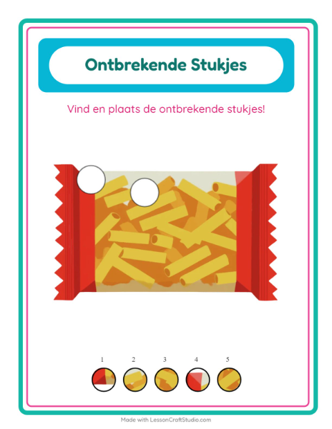 Voorbeeld van het Ontbrekende Stukken-werkblad met In de supermarkt voor kleuterklas