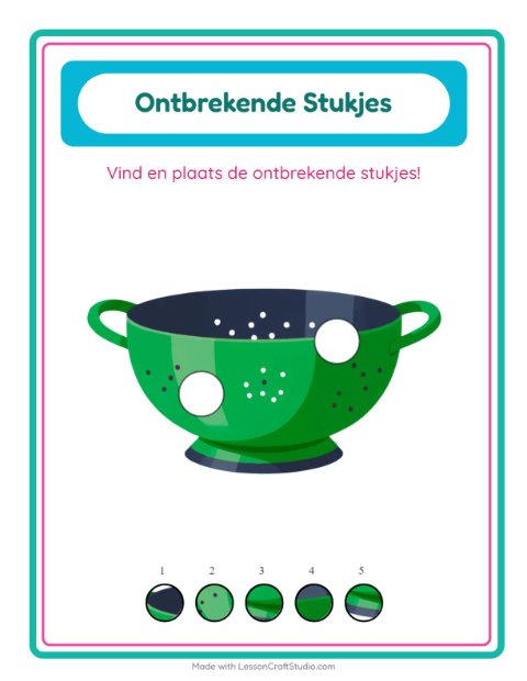 Voorbeeld van het Ontbrekende Stukken-werkblad met Keukengerei voor kleuterklas