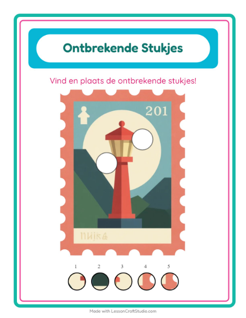 Voorbeeld van het Ontbrekende Stukken-werkblad met Postkantoor voor kleuterklas
