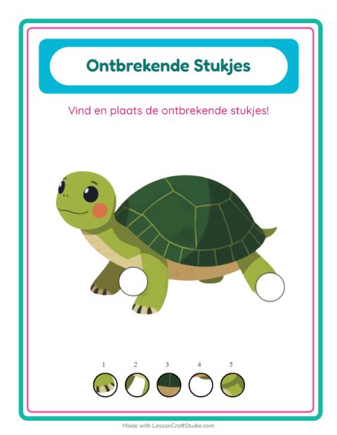 Voorbeeld van het Ontbrekende Stukken-werkblad met Reptielen en amfibieën voor kleuterklas