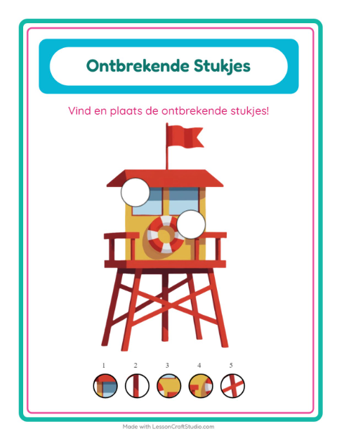 Voorbeeld van het Ontbrekende Stukken-werkblad met Strand voor kleuterklas