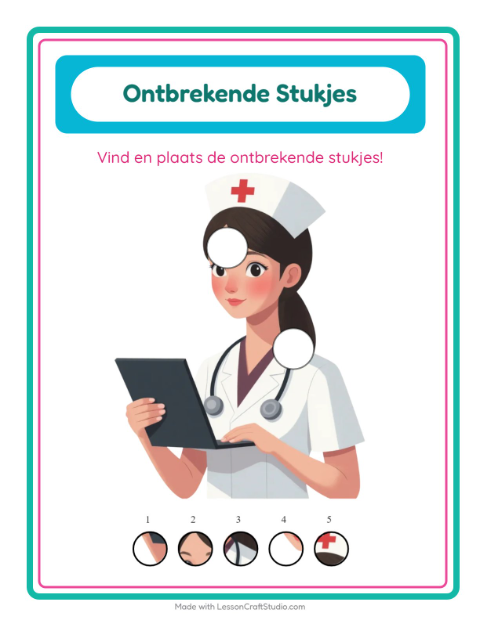 Voorbeeld van het Ontbrekende Stukken-werkblad met Ziekenhuis voor kleuterklas