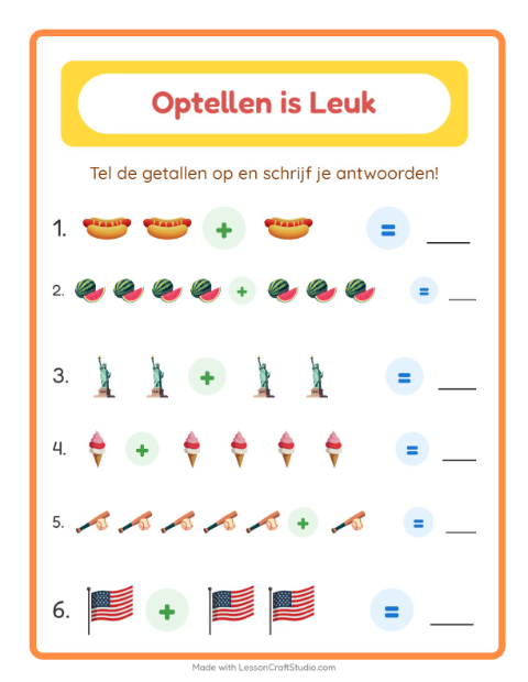 Voorbeeld van het Optellen-werkblad met 4 juli voor kleuterklas