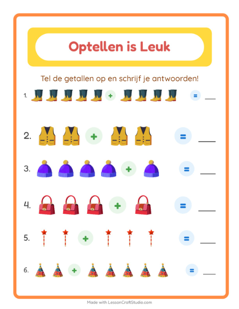 Voorbeeld van het Optellen-werkblad met Accessoires voor kleuterklas