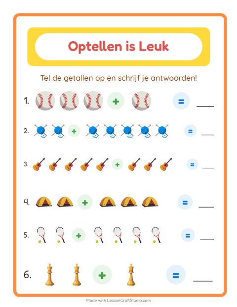 Voorbeeld van het Optellen-werkblad met Activiteiten voor kleuterklas