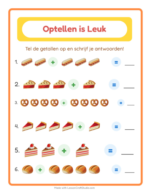 Voorbeeld van het Optellen-werkblad met Bakkerij voor kleuterklas