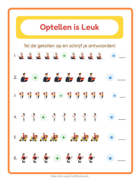 Voorbeeld van het Optellen-werkblad met Beroepen voor kleuterklas