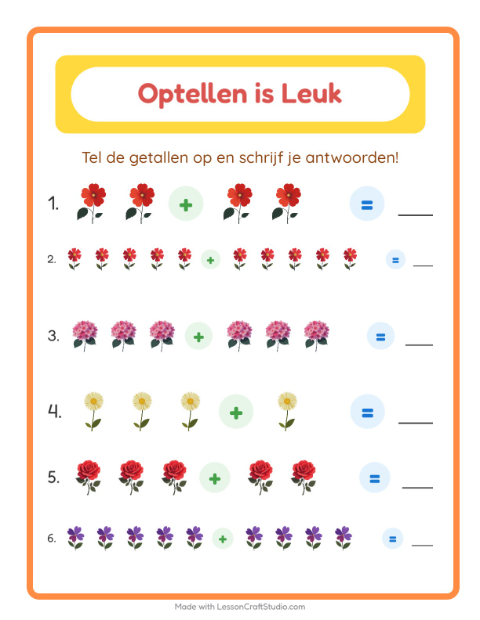 Voorbeeld van het Optellen-werkblad met Bloemen voor kleuterklas