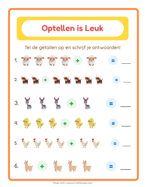 Voorbeeld van Optellen tot 10 met dieren – werkblad voor groep 3