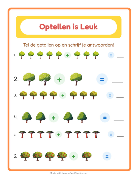 Voorbeeld van het Optellen-werkblad met Bomen voor kleuterklas
