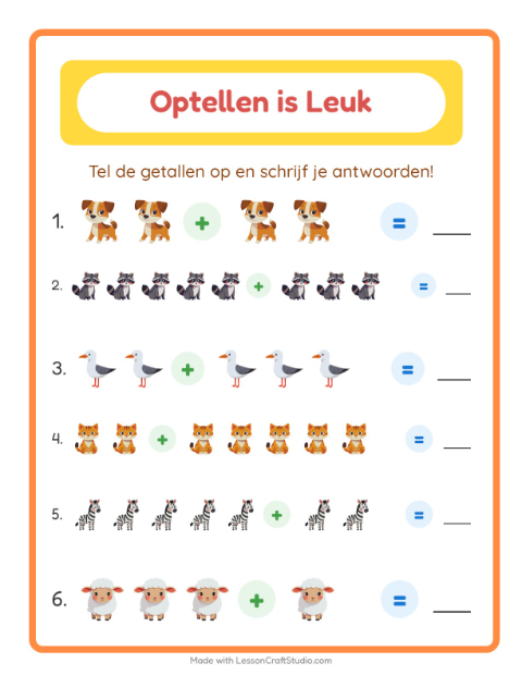 Optellen tot 10 met dieren – werkblad voor groep 3 — 2