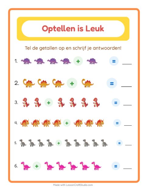 Voorbeeld van het Optellen-werkblad met Dinosaurussen voor kleuterklas