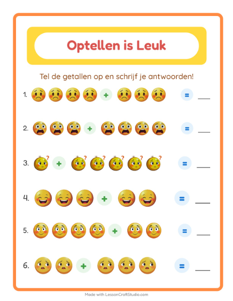 Voorbeeld van het Optellen-werkblad met Emoties voor kleuterklas