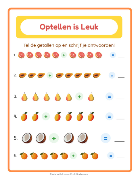 Voorbeeld van het Optellen-werkblad met Fruit voor kleuterklas