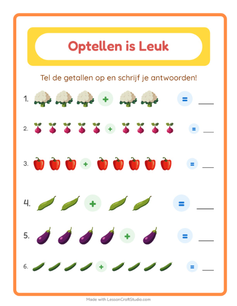 Voorbeeld van het Optellen-werkblad met Groenten voor kleuterklas