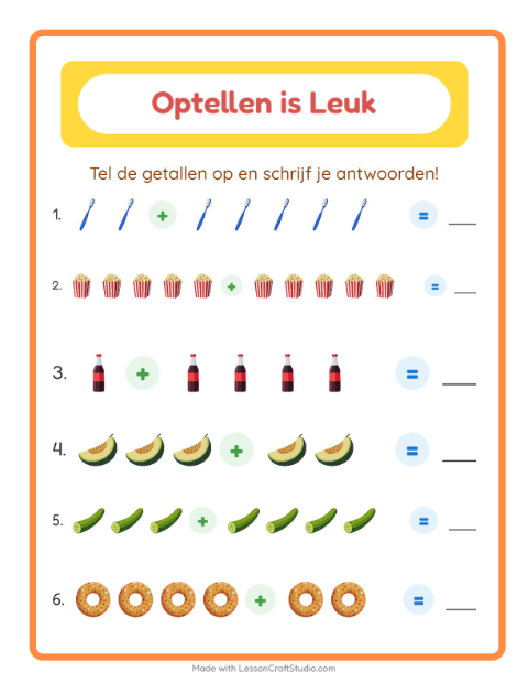 Voorbeeld van het Optellen-werkblad met In de supermarkt voor kleuterklas