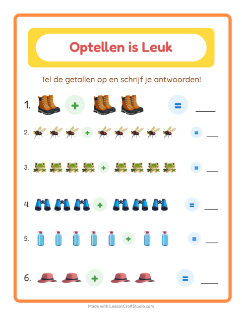 Voorbeeld van het Optellen-werkblad met Kamperen voor kleuterklas