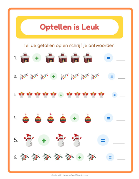Voorbeeld van het Optellen-werkblad met Kerstmis voor kleuterklas