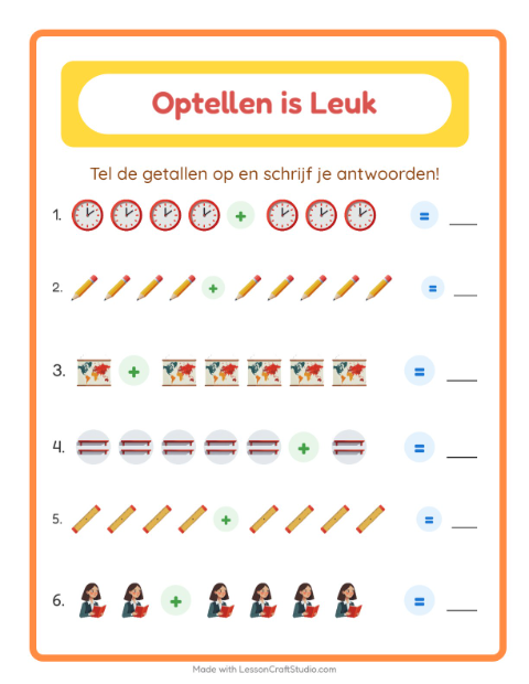 Voorbeeld van het Optellen-werkblad met Klaslokaal voor kleuterklas