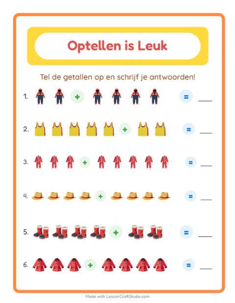 Voorbeeld van het Optellen-werkblad met Kleding voor kleuterklas
