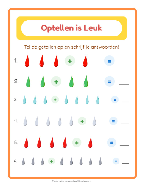Voorbeeld van het Optellen-werkblad met Kleuren voor kleuterklas
