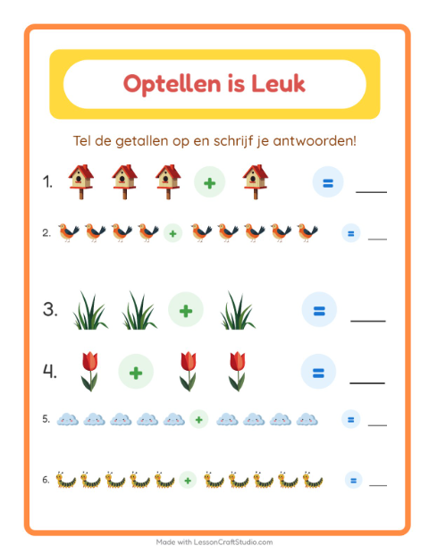 Voorbeeld van het Optellen-werkblad met Lente voor kleuterklas