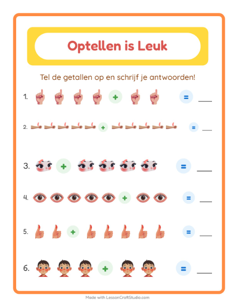 Voorbeeld van het Optellen-werkblad met Lichaamsdelen voor kleuterklas
