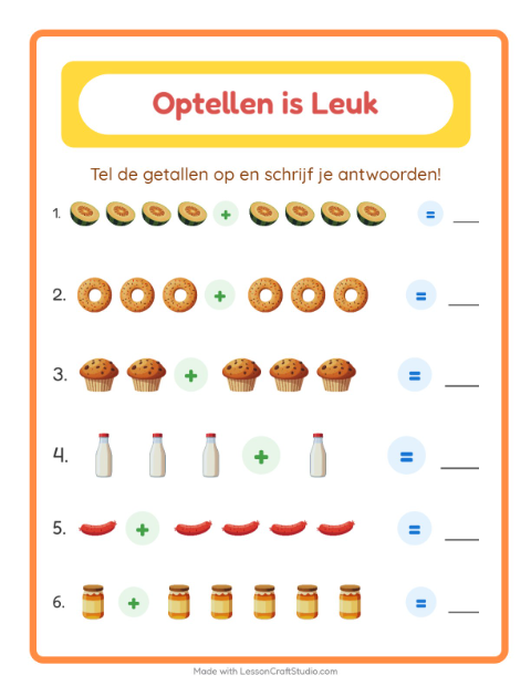 Voorbeeld van het Optellen-werkblad met Ontbijt voor kleuterklas