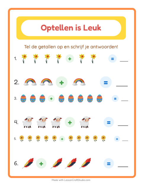 Voorbeeld van het Optellen-werkblad met Pasen voor kleuterklas