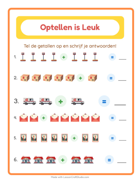Voorbeeld van het Optellen-werkblad met Postkantoor voor kleuterklas