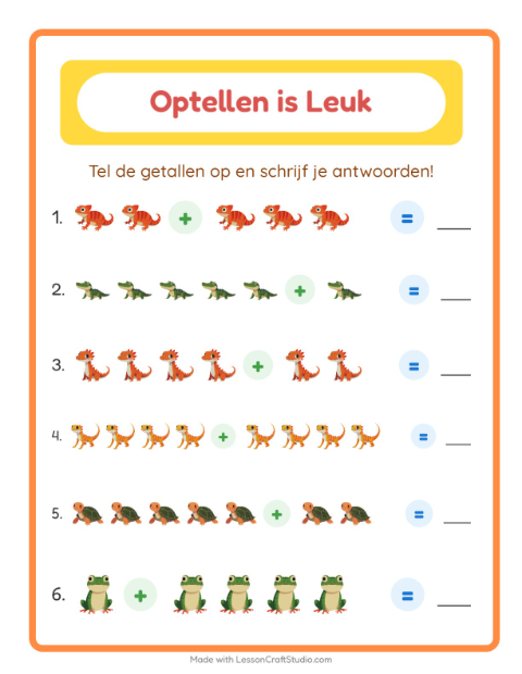 Voorbeeld van het Optellen-werkblad met Reptielen en amfibieën voor kleuterklas