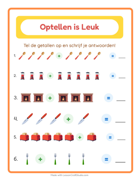 Voorbeeld van het Optellen-werkblad met Rond het huis voor kleuterklas