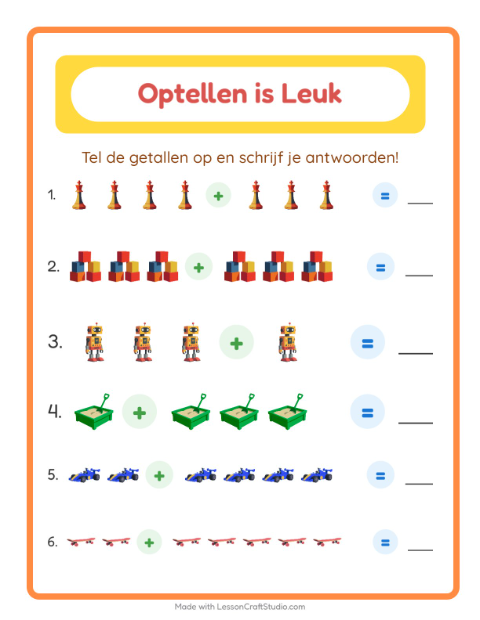 Voorbeeld van Optellen tot 10 met speelgoedjes – werkblad voor groep 3