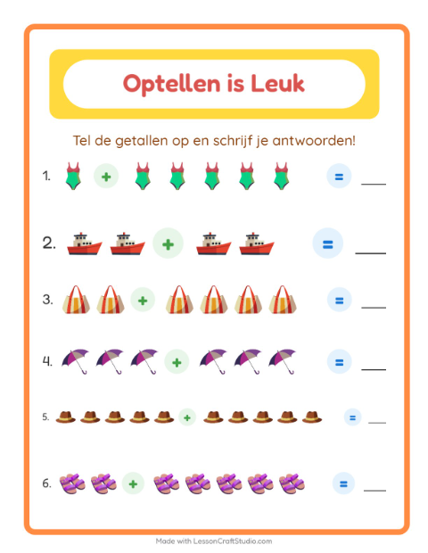 Voorbeeld van het Optellen-werkblad met Strand voor kleuterklas