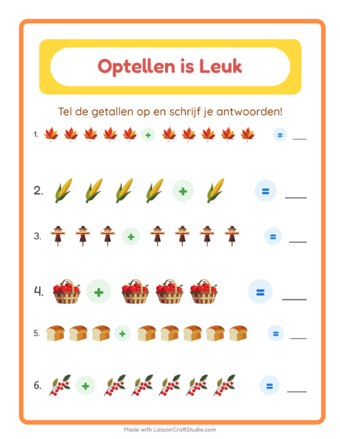 Voorbeeld van het Optellen-werkblad met Thanksgiving voor kleuterklas