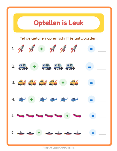 Voorbeeld van het Optellen-werkblad met Voertuigen voor kleuterklas
