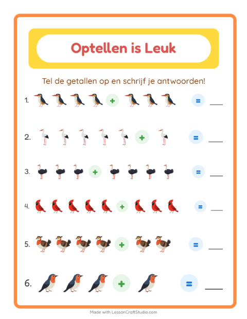 Voorbeeld van het Optellen-werkblad met Vogels 2 voor kleuterklas