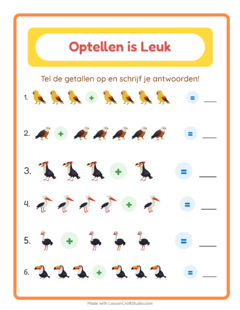 Voorbeeld van het Optellen-werkblad met Vogels voor kleuterklas