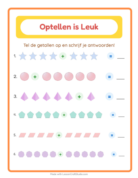Voorbeeld van het Optellen-werkblad met Vormen voor kleuterklas