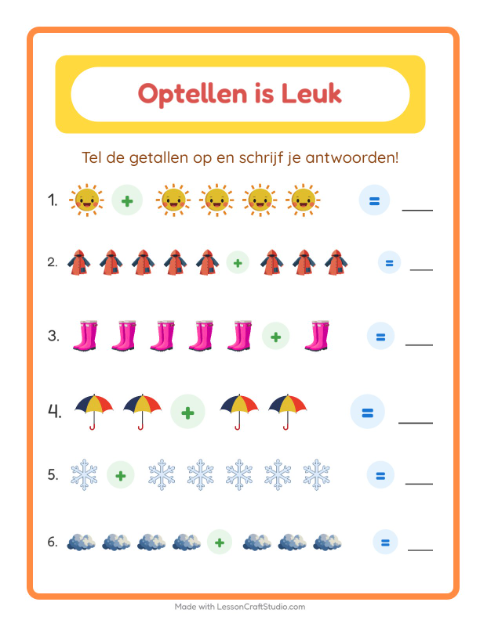 Voorbeeld van het Optellen-werkblad met Weer voor kleuterklas