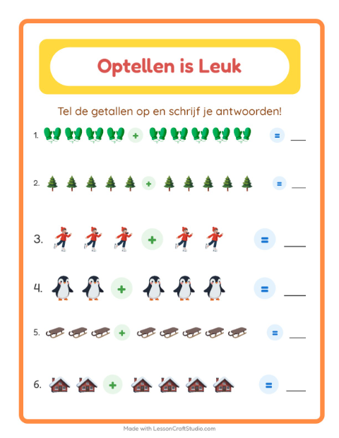 Voorbeeld van het Optellen-werkblad met Winter voor kleuterklas