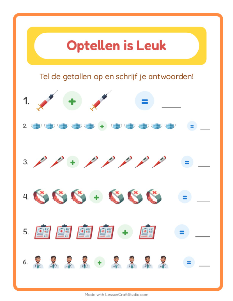Voorbeeld van het Optellen-werkblad met Ziekenhuis voor kleuterklas