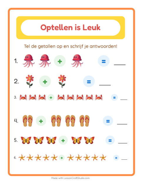 Voorbeeld van het Optellen-werkblad met Zomer voor kleuterklas
