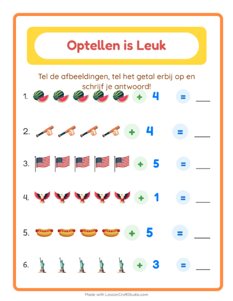 Voorbeeld van het Optellen-werkblad met 4 juli voor kleuterklas