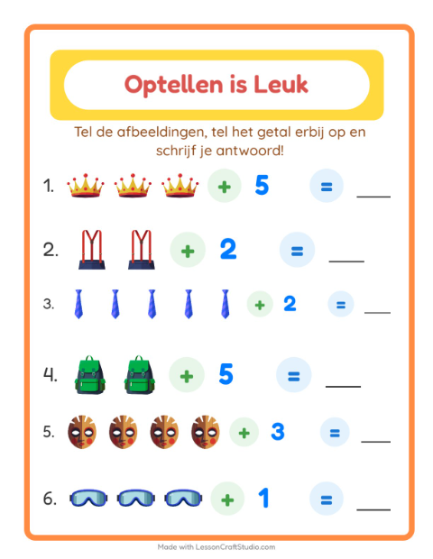 Voorbeeld van het Optellen-werkblad met Accessoires voor kleuterklas